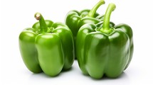 Three green bell peppers captured in a close-up realistic photo against a white background Generative AI