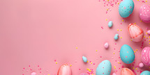 Easter eggs on a watercolor style Easter background with copy space