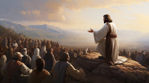 Jesus speaking to the people by parables on the mountain in the midst of nature Generative AI Illustration