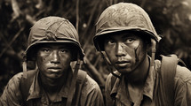World War II Asian soldiers tense in the trenches