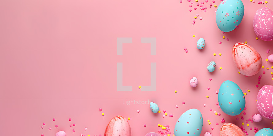 Easter eggs on a watercolor style Easter background with copy space