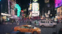 Rainfall in Time Square New York view from the window. Rain drops falling with bokeh lights of city at night. Raining in the city traffic. 4k