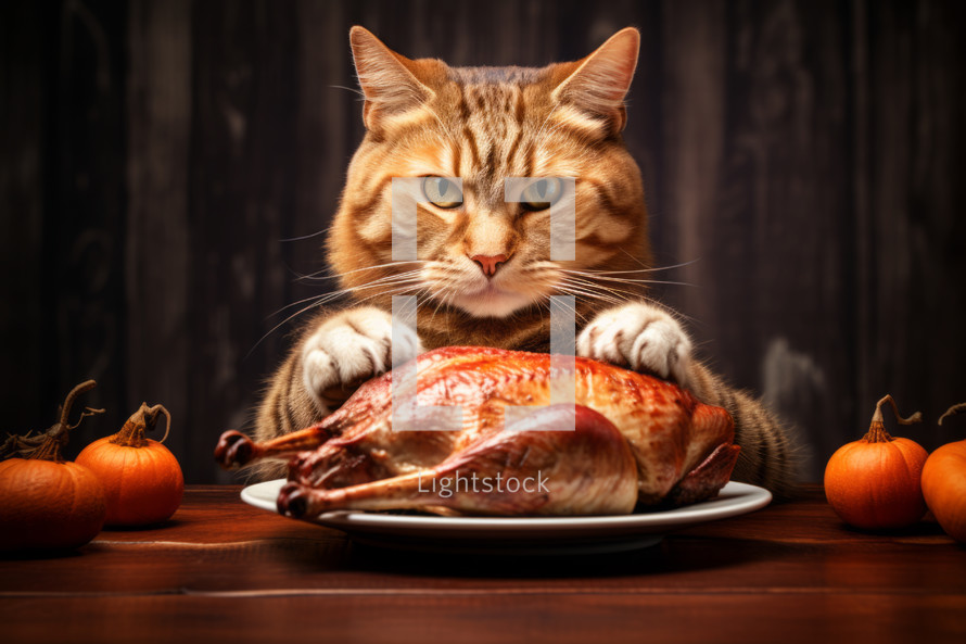 AI generative images. Cute cat sitting at the table and eating roasted turkey. Thanksgiving concept