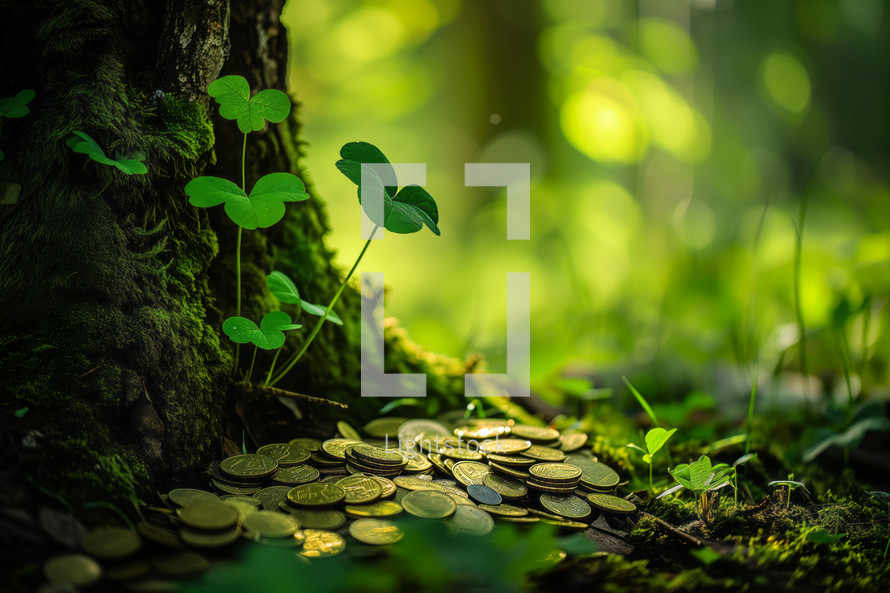AI Generated Image. Golden coins in a forest next to the tree with clovers. St. Patrick’s Day concept