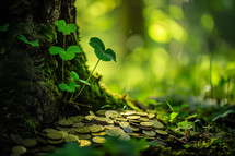 AI Generated Image. Golden coins in a forest next to the tree with clovers. St. Patrick’s Day concept