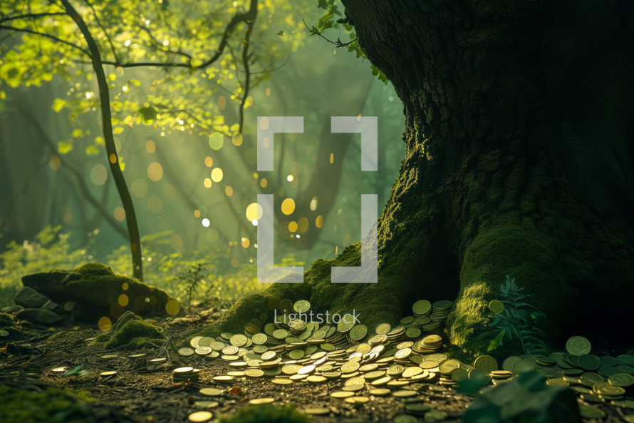 AI Generated Image. Golden coins in a forest next to the tree with clovers. Saint Patrick’s Day concept