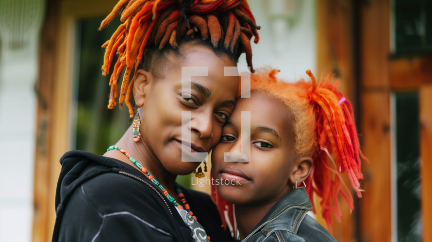 AI Generated Image. Portrait of mature ethnic mother together with her teen daughter with dyed orange dreadlocks in front of home