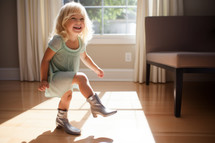 AI generative images. Happy adorable blond girl at home wearing high heel boots and dancing