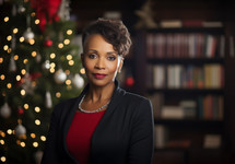 AI generated image. Portrait of the serene middle-aged African American businesswoman at the office with Christmas tree