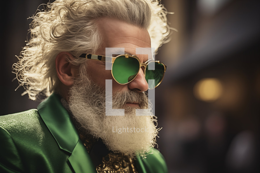 AI Generated Image. Trendy mature leprechaun wearing sunglasses while walking on a city street
