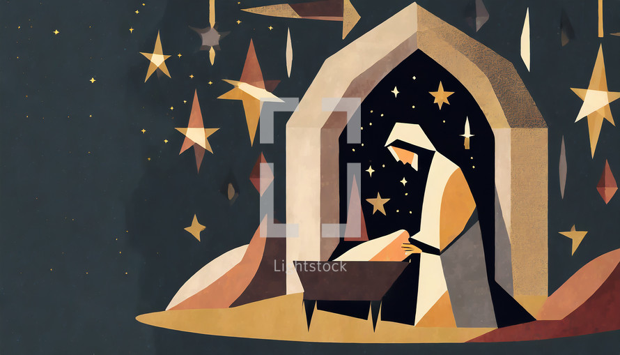 Neutral Toned Manager Scene Stained Glass Inspired Illustration with Space for Copy