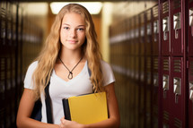 AI generative images. Female blond high school student standing near lockers and holding schoolbooks
