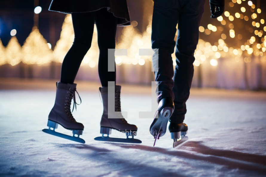 AI Generated Image. Low section of the couple skating on a Christmas decorated ice rink at night