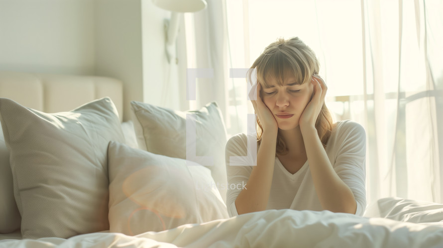 AI Generated Image. Frustrated woman with autism sitting on a bed at the morning and covering ears with pillow