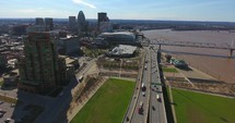 4K Aerial Louisville Kentucky Skyline City Traffic Freeway Urban Roads