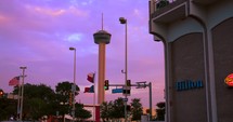 4K San Antonio Sunset Gimbal Shot City Trafic Tower Of The Americas Pan Up