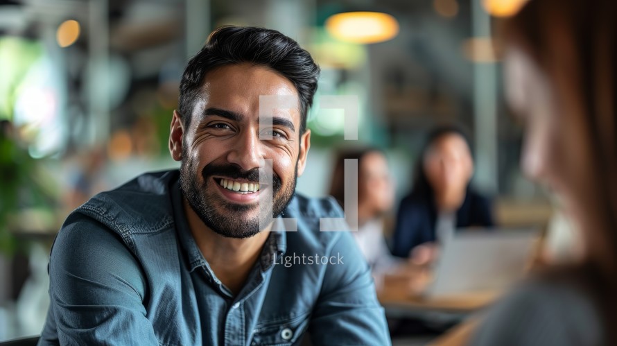 Conceptual image of a man in a corporate office environment, smiling and discussing ideas with a team in a meeting room Generative AI