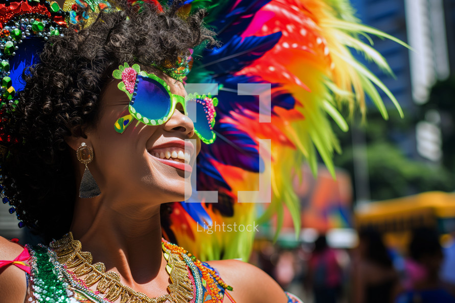 AI Generated Image. Playful Brazilian woman wearing colorful traditional wear while dancing on cultural festival