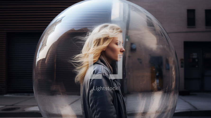 AI Generated Image. Blond woman inside of big bubble walking in the city. Protection, social distance and introversion concept