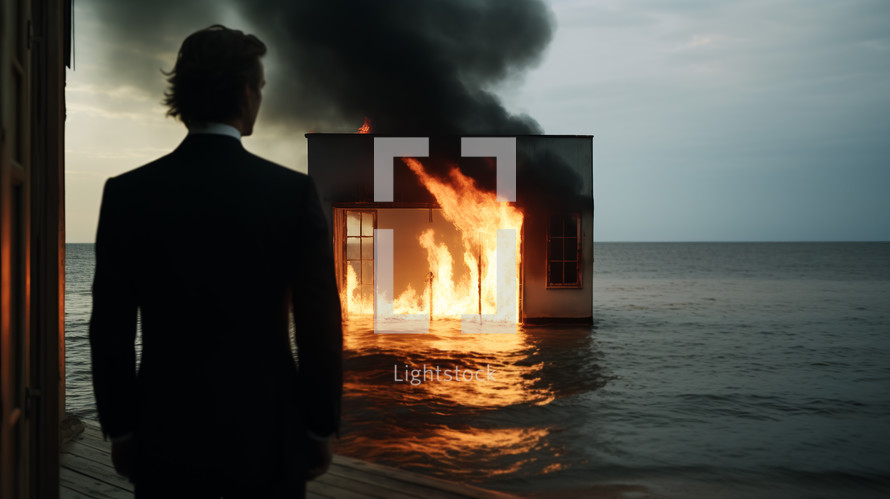 AI Generated Image. Back view on the man wearing black classic suit looking at the house burning in the sea. Cinematographic effect