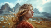 Photo concept capturing a girl's close-up in the mountainous terrain, her hair gently swaying in the mountain breeze against a backdrop of peaks Generative AI