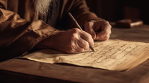 An old prophet with a beard holds a quill in his hand over a parchment against a dark brick wall, writing prophetic Biblical Hebrew