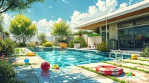 Courtyard pool of a suburban house, family-friendly design, pool toys, green lawn, detailed and inviting illustration Generative AI