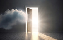 Open door in the white clouds with beam of light. Represents the concept of heaven.