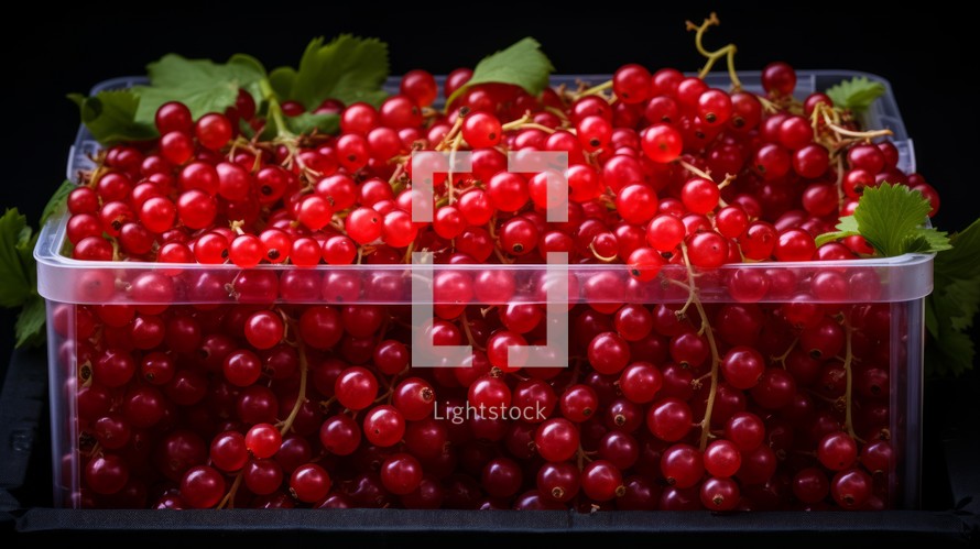 A box packed with vibrant red currants, close-up realistic photo Generative AI