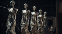 AI Generated Image. Group of robotic female robots on a runway of the high fashion show wearing dresses
