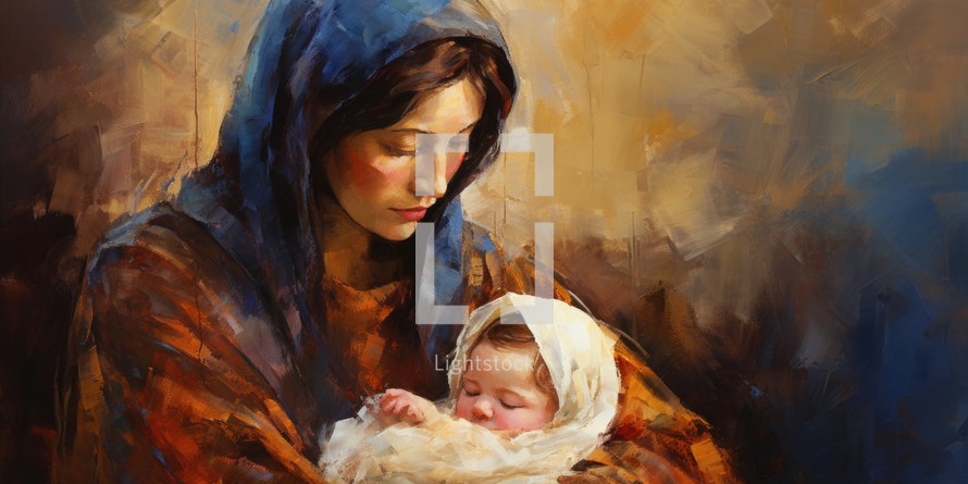 Mary with baby Jesus in a painted illustration.