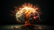 AI generated image. Model of human brain explosion and detonation. Artificial intelligence brainstorming concept