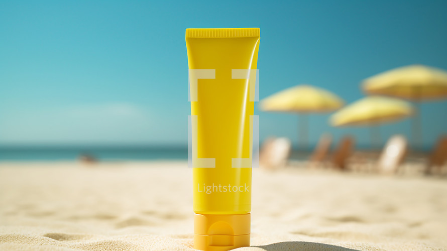 Yellow plastic Sunscreen lotion tube on sandy beach. 