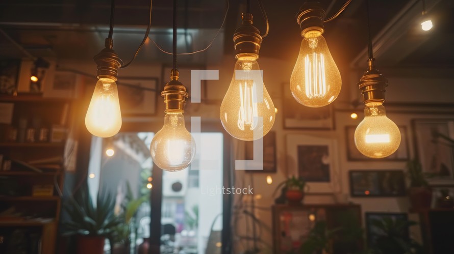 Artistic studio room with an abundance of hanging bulbs, creating a visually stimulating and well-lit environment for creative work and inspiration Generative AI