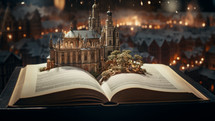Church building rising out of an open Bible as a pop-up diorama in a serene setting