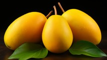 Three vibrant yellow mangoes captured in a close-up realistic photo on a white background Generative AI