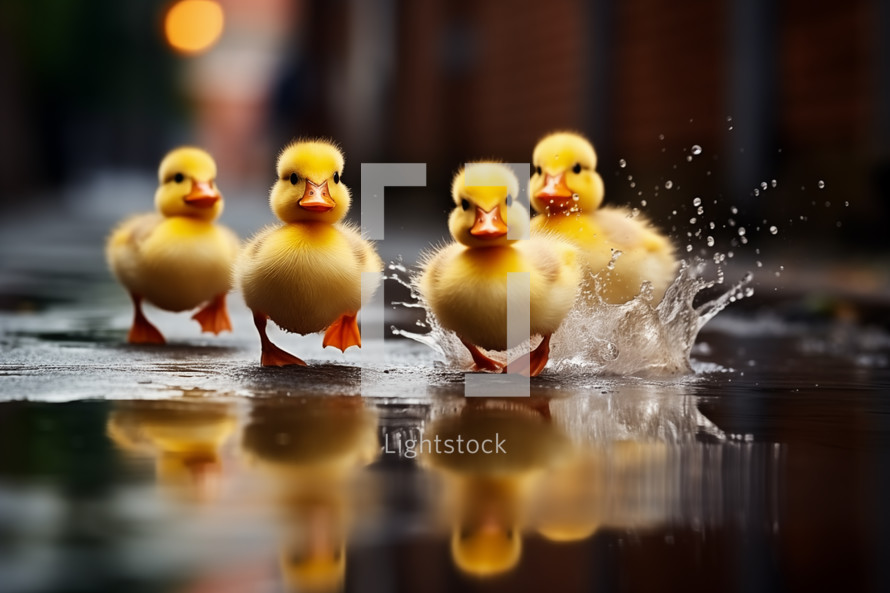 AI Generated Image. Cute yellow ducklings in a group run on the puddle. Happy Easter concept
