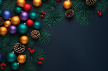 Flat lay red, orange, blue and purple colored Christmas baubles and pine cones on greenery with a lush blue background