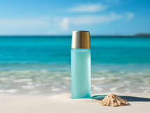 Bottle of cosmetic oil on sandy beach 