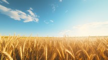 Vast golden wheatfield stretching across the horizon under a clear blue sky on a sunny day. Generative AI
