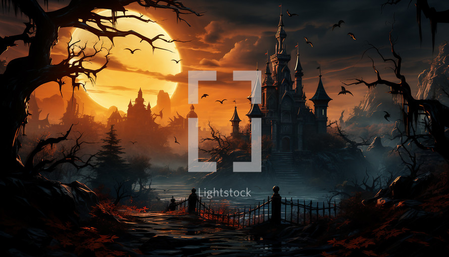 Haunted castle in night land for Halloween