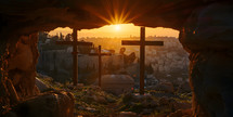 Three crosses overlooking Jerusalem from the Holy sepulchre 