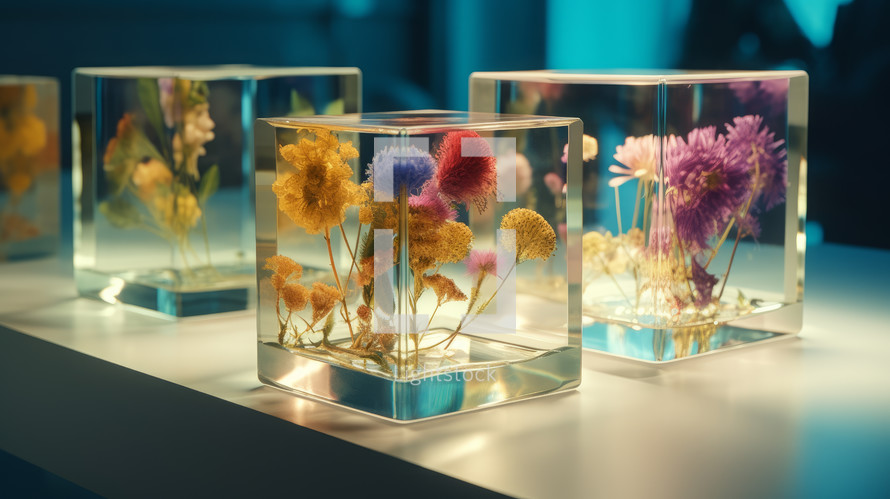 AI generated image. Cultivation of glowing flowers inside the transparent glass cube containers in scientific laboratory