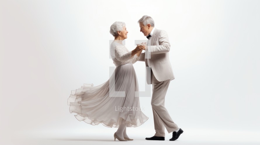 Generative AI grandparents dancing waltz on white background