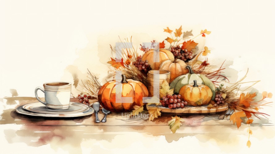 Miniature digital embellishments portraying a festive Thanksgiving table setting with atmospheric watercolor backgrounds, emphasizing cottagepunk elements and loose linework Generative AI