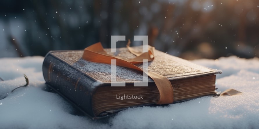 A bible laying outside in the snow on a winter day.
