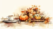Miniature digital embellishments portraying a festive Thanksgiving table setting with atmospheric watercolor backgrounds, emphasizing cottagepunk elements and loose linework Generative AI