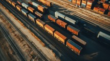 Overhead shots of a railway yard showcasing trains, cargo containers, and logistics operations. Generative AI