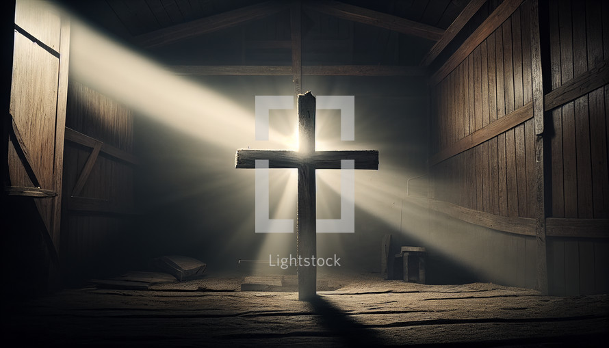 Cross with light shinning from the back in wooden barn