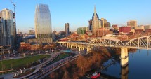 4K Aerial Nashville Tennessee Train Pulling Into Station Building Skyline City Urban Roads Buildings Bridge